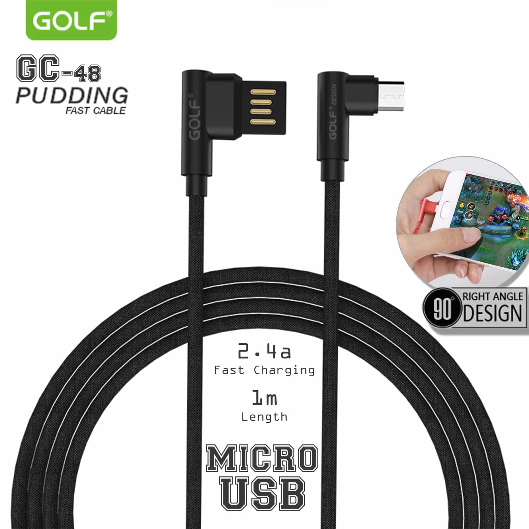 Mikro usb kabl 1m 90° GOLF GC-48m crni