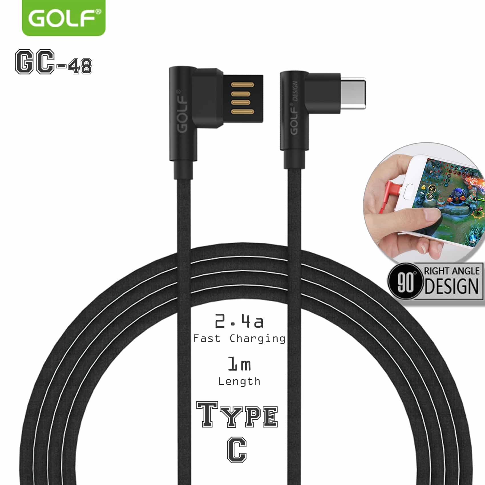 USB kabl tip C 1m 90° GOLF GC-48T crni