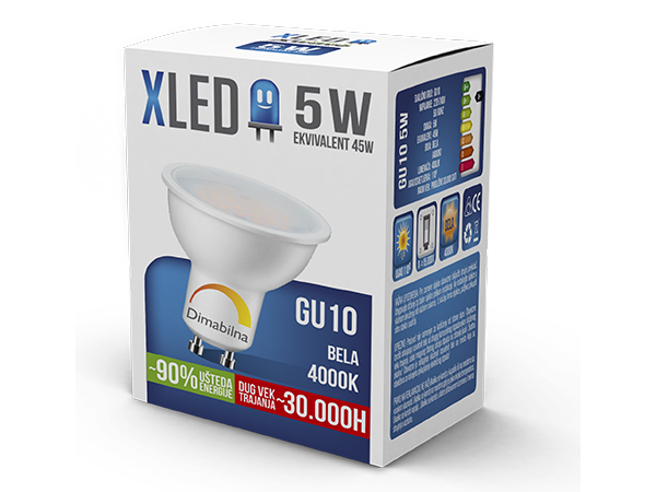 XLED GU10 5W NB Dimmable 4000K,220V,400Lm,Bela