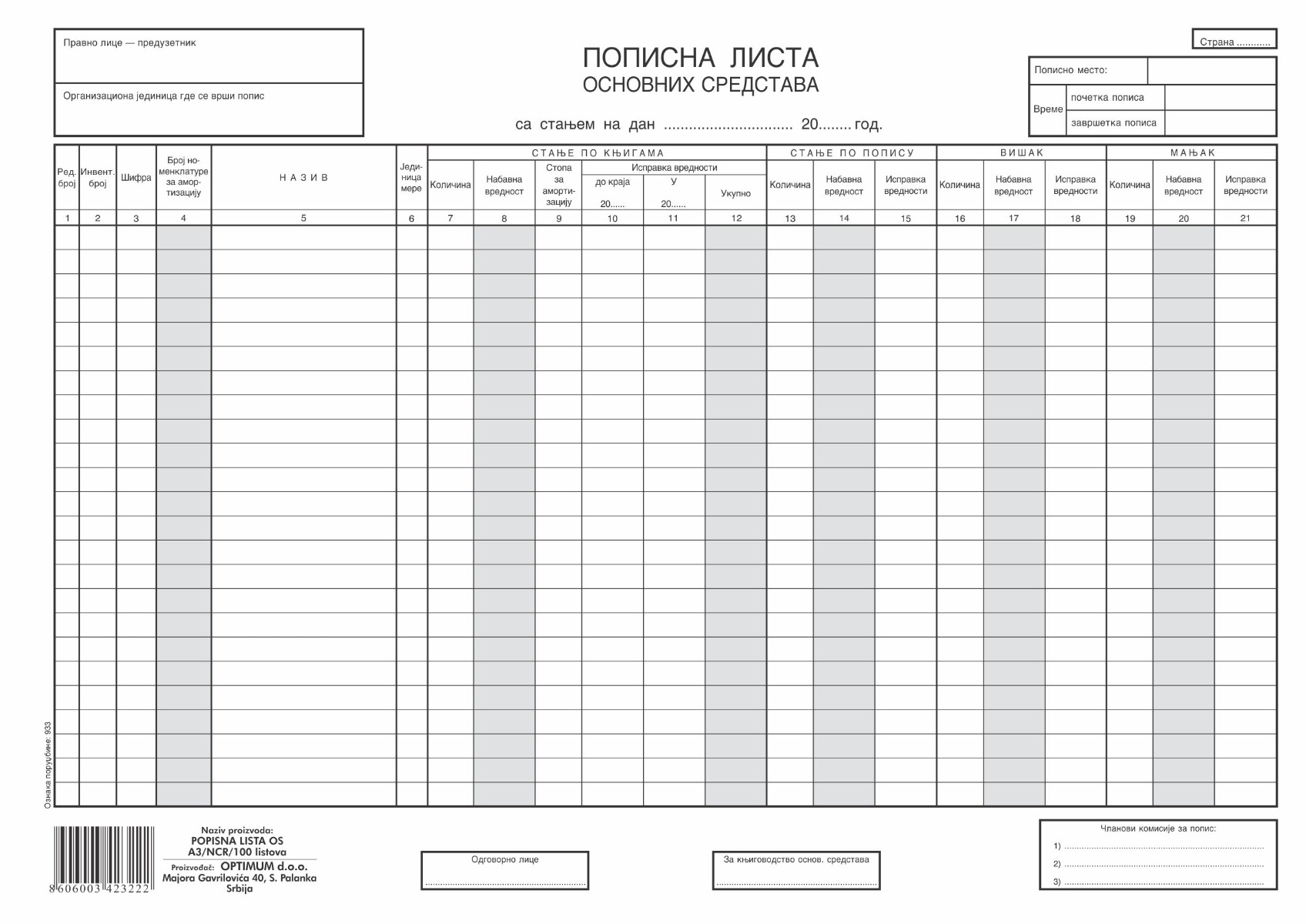 POPISNA LISTA OSNOVNIH SREDSTAVA NCR