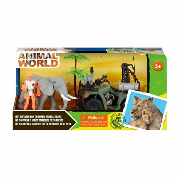 Slon u setu sa autom za safari i figurom čoveka