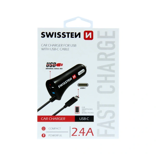 Auto punjac 1xUSB + TIP C kabl 2.4A SWISSTEN