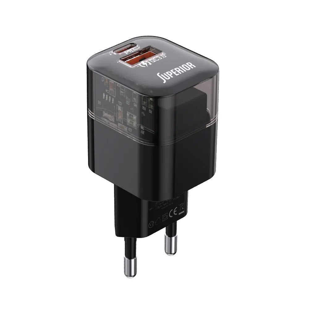 SUPERIOR Kućni punjač SU-P105 30W Super Fast USB A QC3.0+Type C, Crno