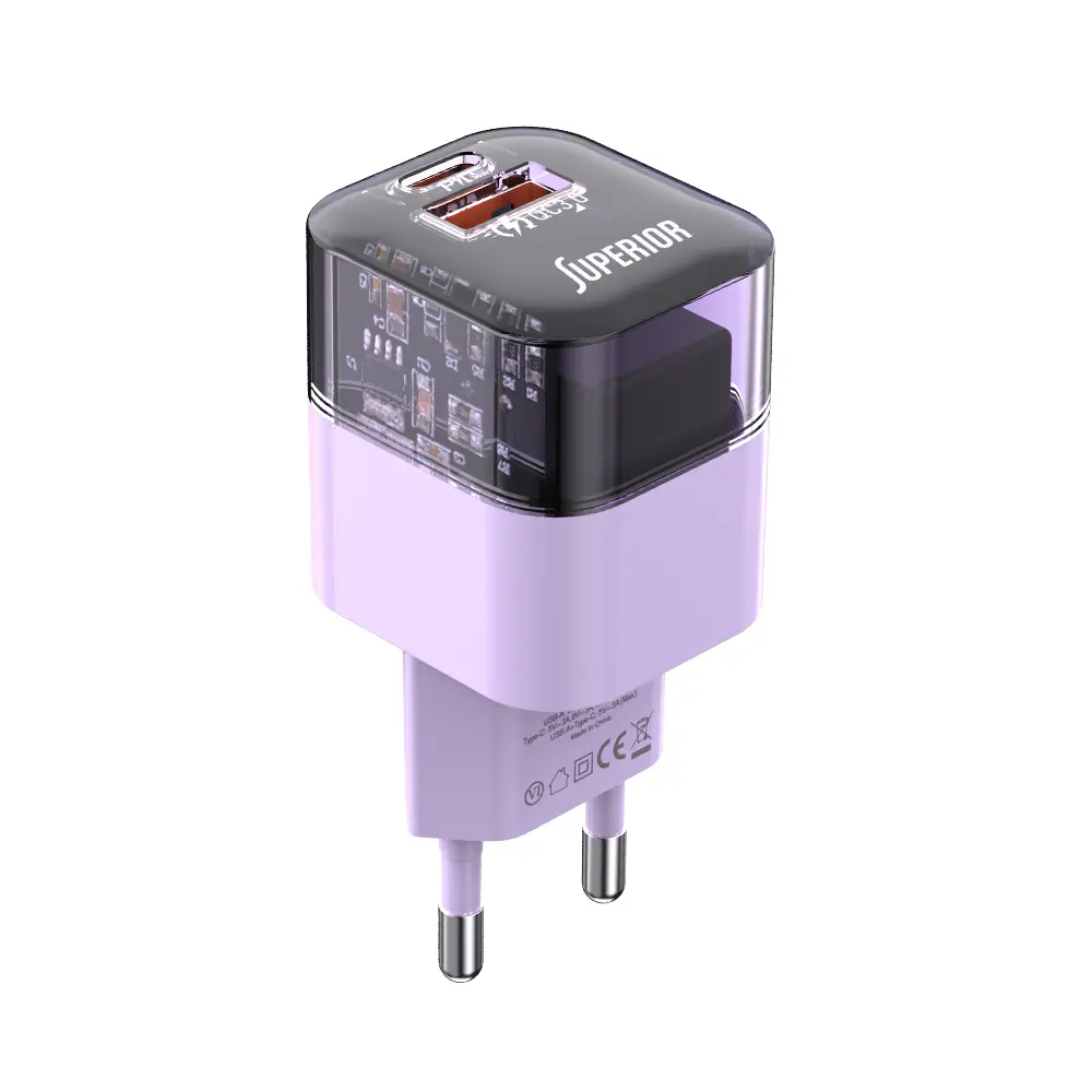 SUPERIOR Kućni punjač SU-P105 30W Super Fast USB A QC3.0+Type C, Ljubičasto