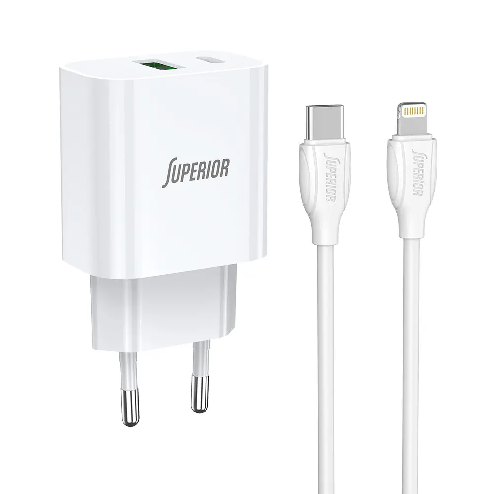 SUPERIOR Kućni Punjač SU-P102 20W Super Fast USB A QC3.0+Type C sa Type C Lightning kablom, Beli