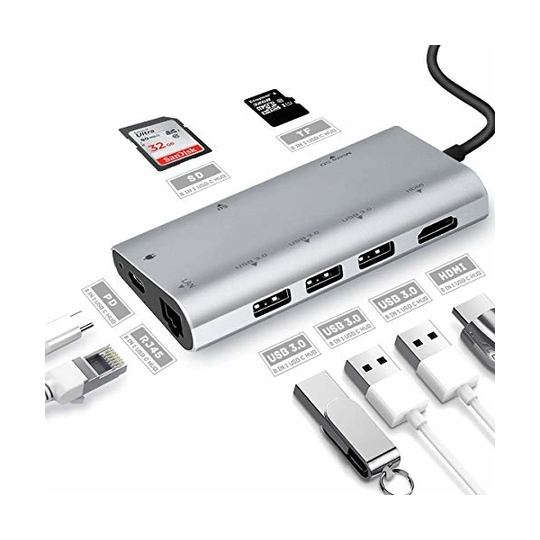 Adapter-konvertor TIP C na HDMI+3xUSB 3.0+SD/Micro SD+RJ45+TIP C