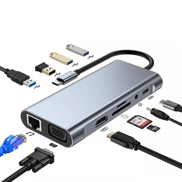 Adapter-konvertor TIP C na HDMI+VGA+4xUSB 3.0+SD/Micro SD+TIP C+AUDIO+RJ45