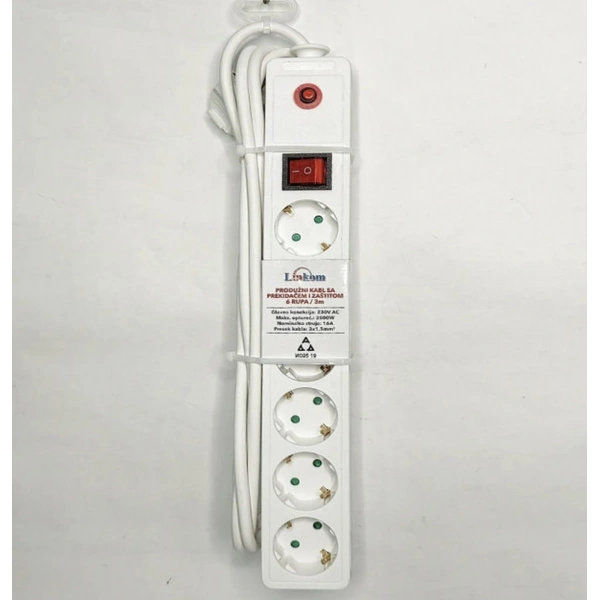 Produžni kabl 6r/3m sa prekidacem i zaštitom 3x1,5mm (Linkom) - beli