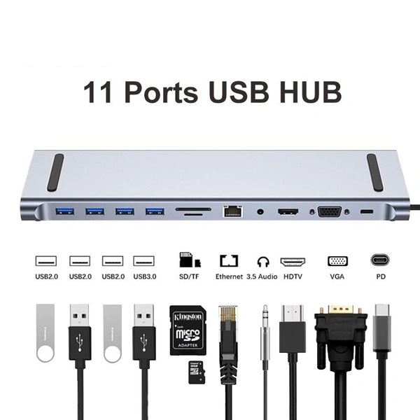 Adapter TIP C HUB na HDMI+VGA+ 4xUSB+SD/micro+RJ45+ PD+Audio-11u1