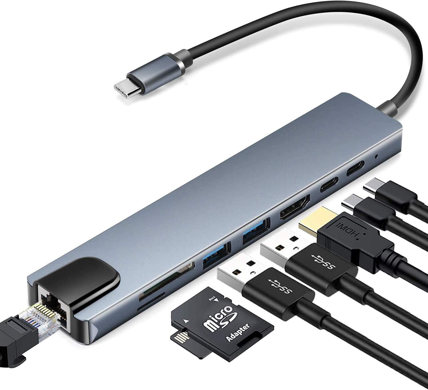 Adapter-konvertor TIP C na HDMI+2xUSB 3.0+TF/SD+2xTIP C+RJ45