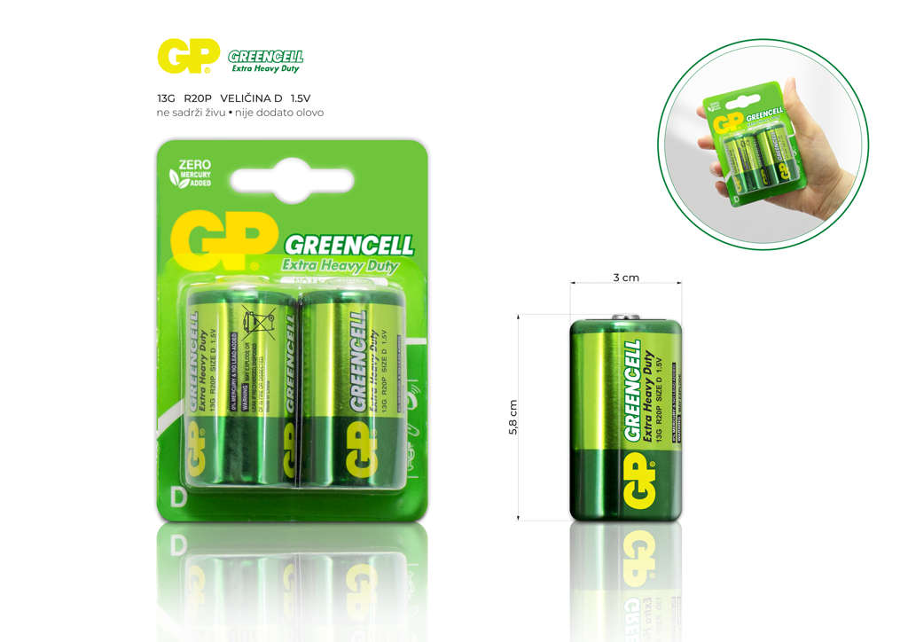 BATERIJA GREEN CELL CINK KARBON D/1.5V 20G-U2/R20