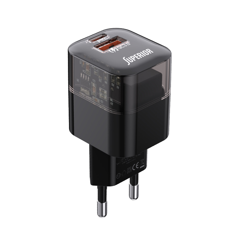 PUNJAČ BEZ KABLA SUPERIOR SU-P105 30W SUPER FAST USB-A + USB-C CRNI