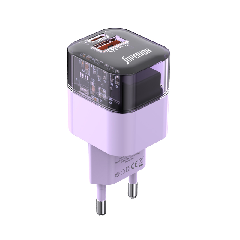 PUNJAČ BEZ KABLA SUPERIOR SU-P105 30W SUPER FAST USB-A + USB-C LJUBIČASTI